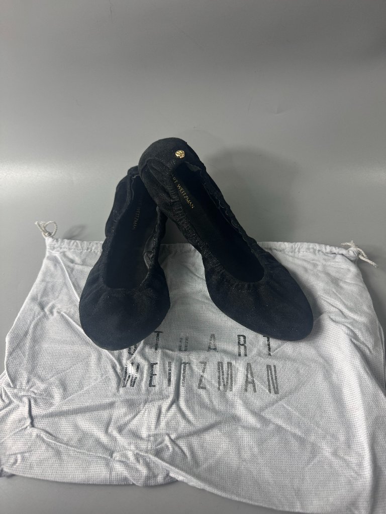 Stuart Weitzman Gabby Scrunch Black Suede Leather Ballet Flats Women's Size 7.5
